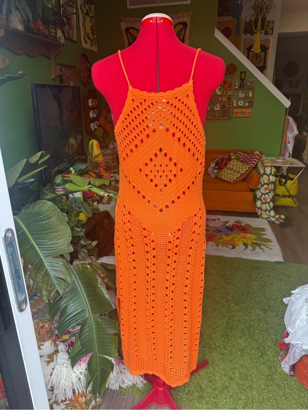aerie Bright Orange Crochet Midi Dress